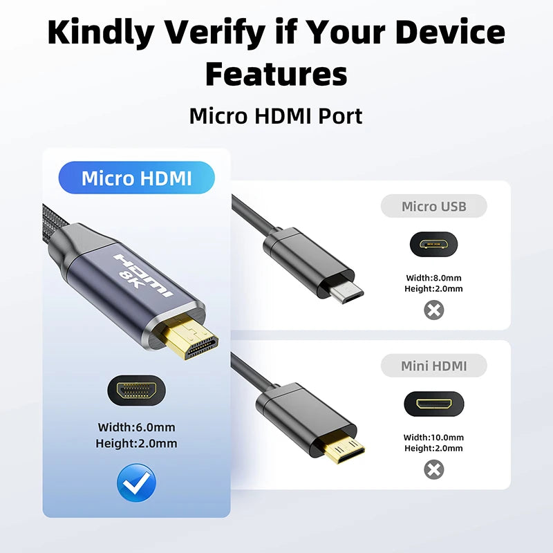 8K Micro HDMI Cable HDMI 2.1 Micro HDMI to HDMI Cable HDR Earc Bi-Directional HDMI to Micro HDMI Cable 4K 120Hz for Camera Etc.