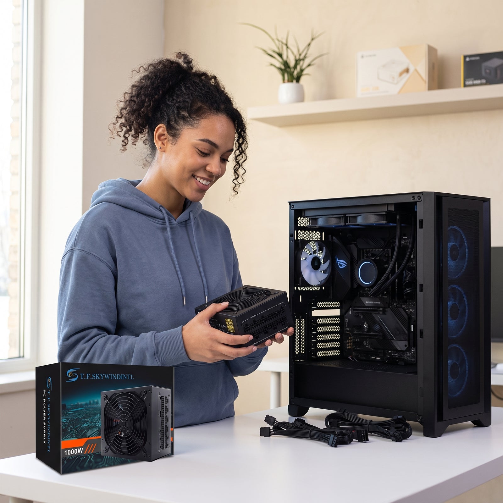 A diverse gamer sits at a modern, minimalist desk with a sleek 1000W fully modular ATX PC power supply next to a high-end PC 