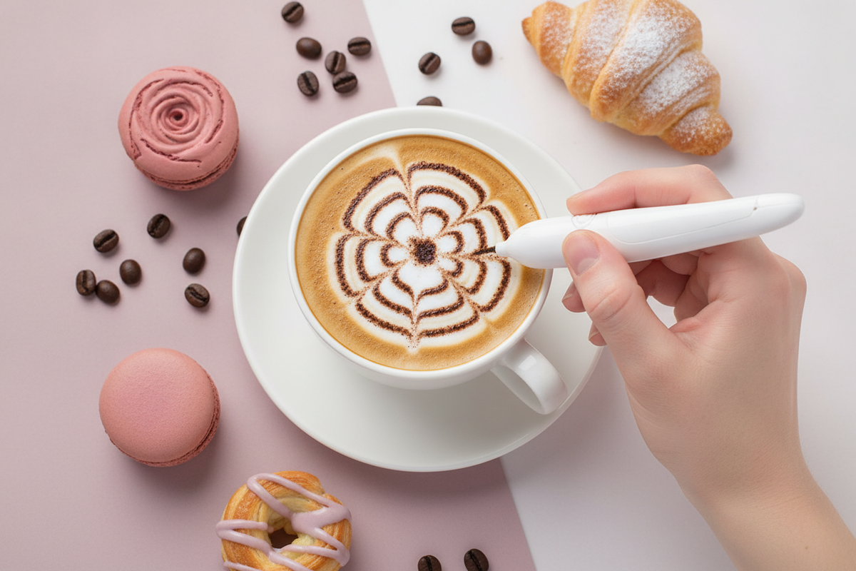 Electrical Latte Art Pen decorating a latte, surrounded by coffee beans and pastries on a pink and mauve surface.