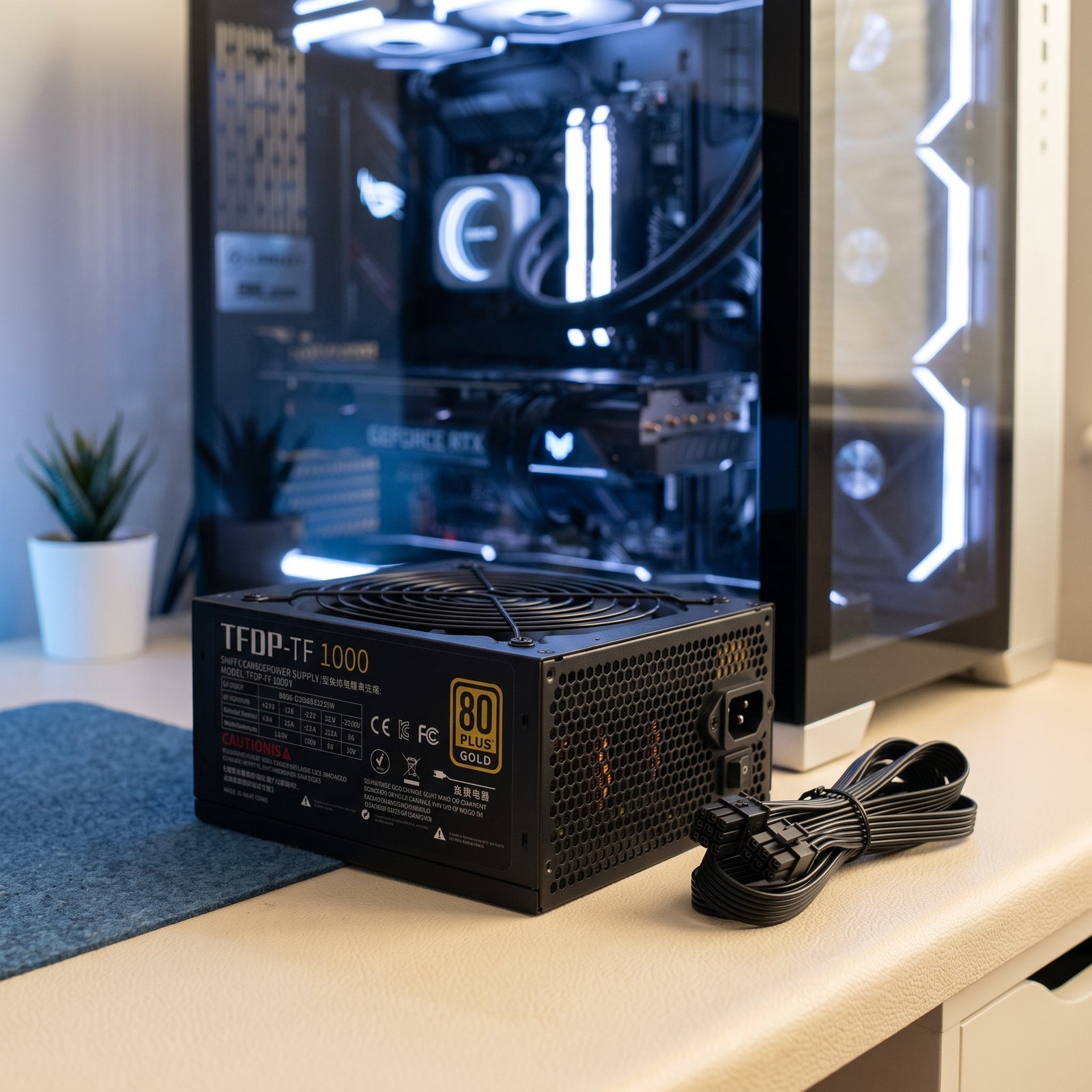 A fully modular 1000W PC power supply sits on a cream desk next to a gaming PC, with subtle slate blue lighting.