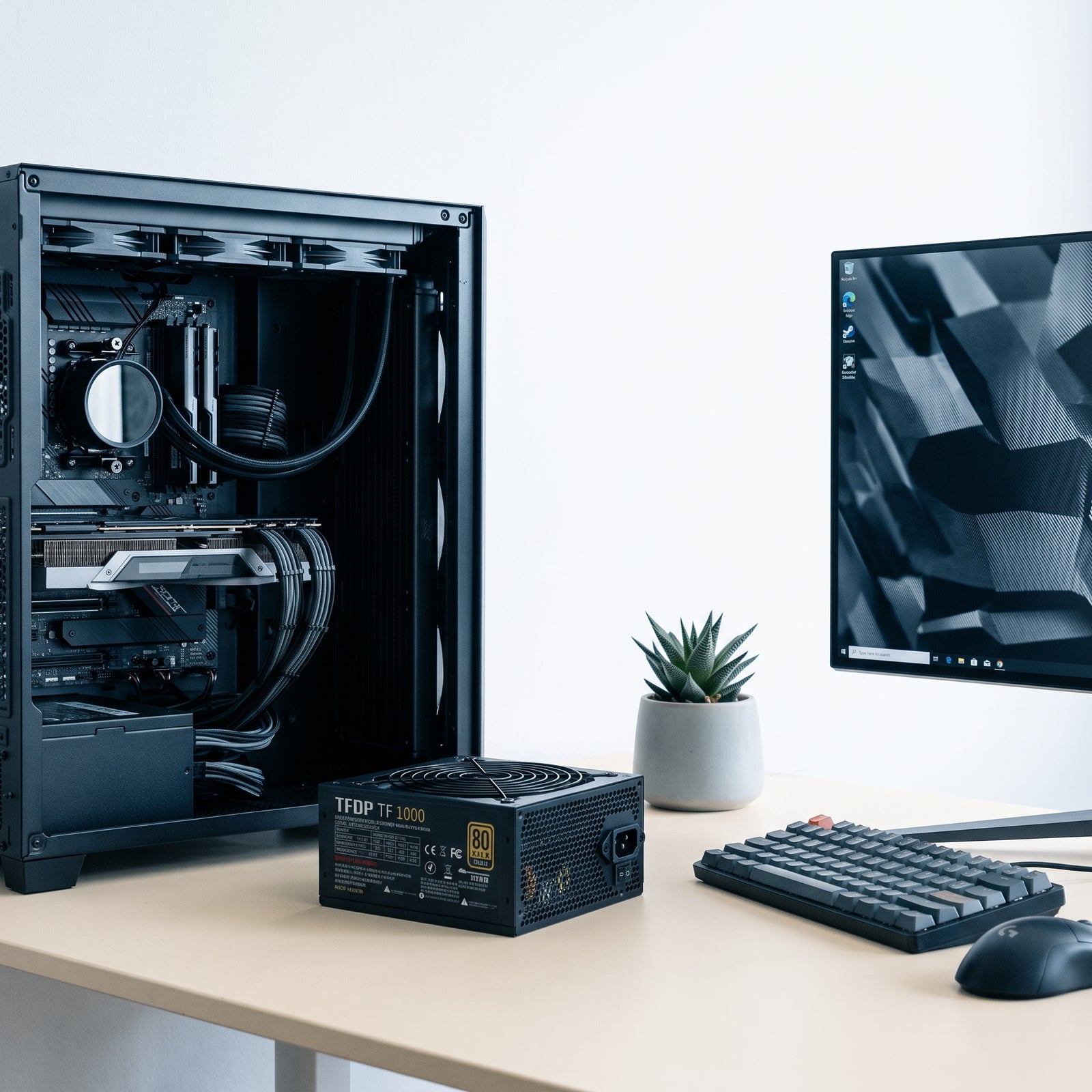 A 1000W fully modular ATX PC power supply sits on a warm cream desk next to a gaming PC, with a bright white wall in the back