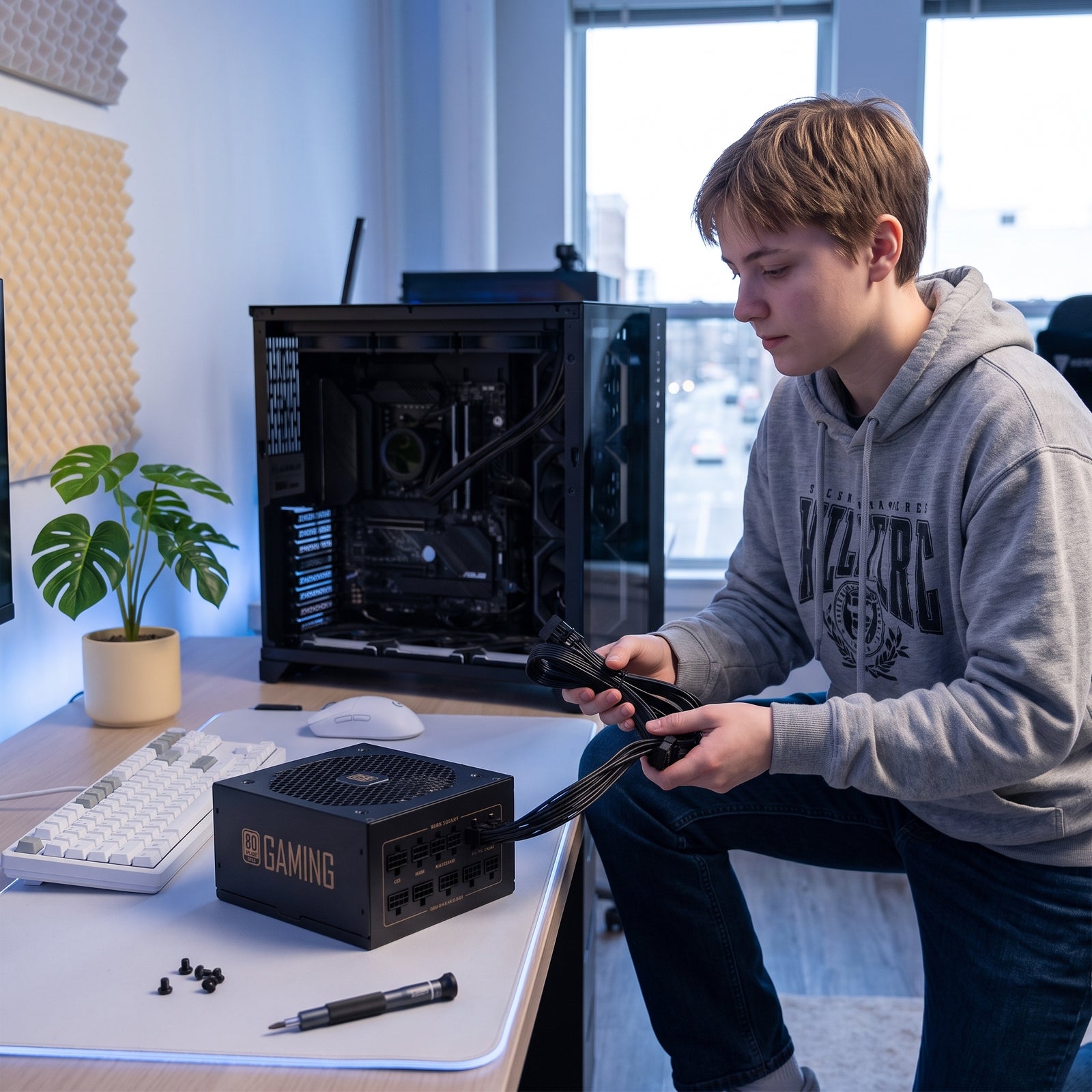 Gamer installing a sleek, fully modular 1000W PC power supply with blue and cream accents on a modern desk.