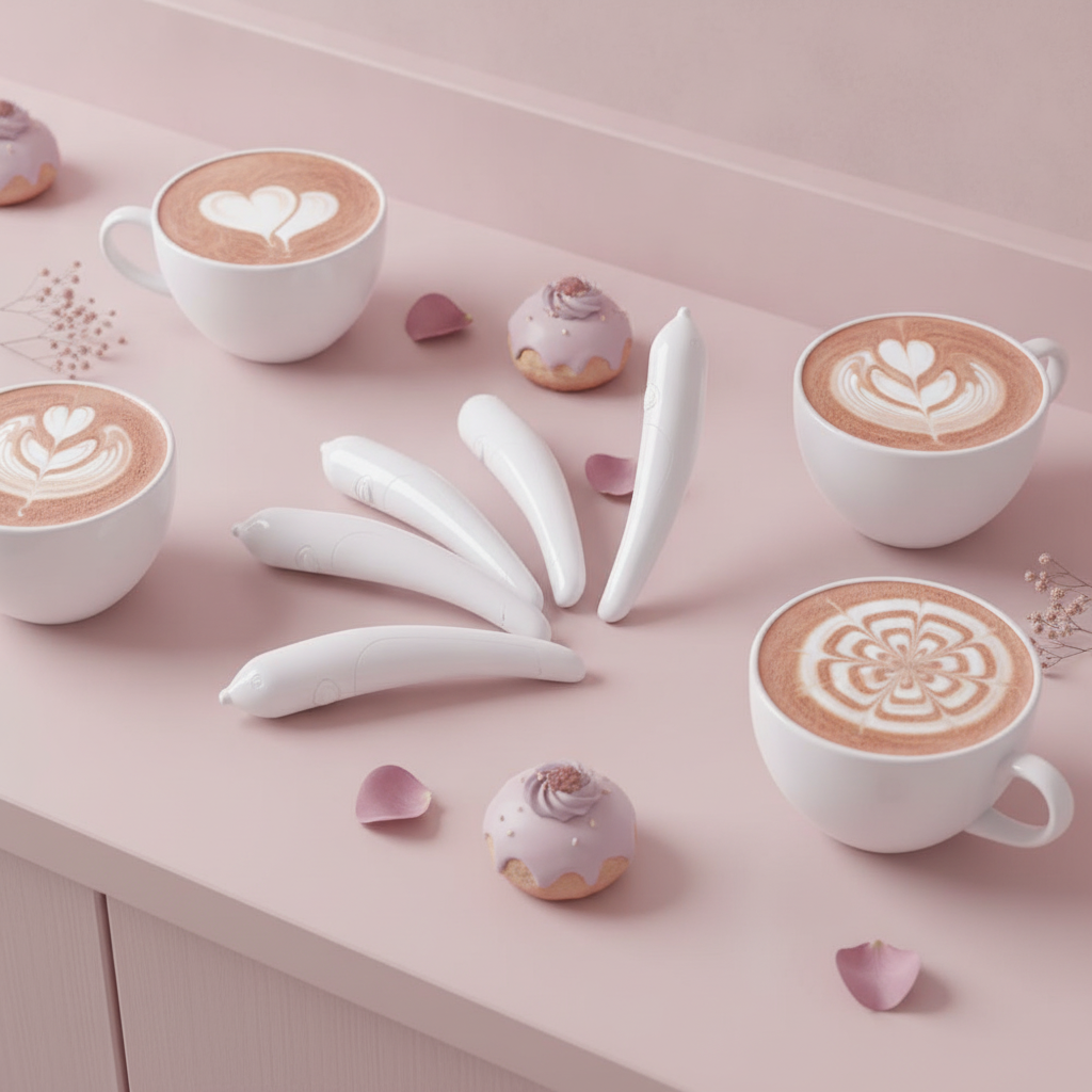 Multiple electrical latte art pens on a blush pink counter, with latte cups and pastries, under warm, pale mauve light.
