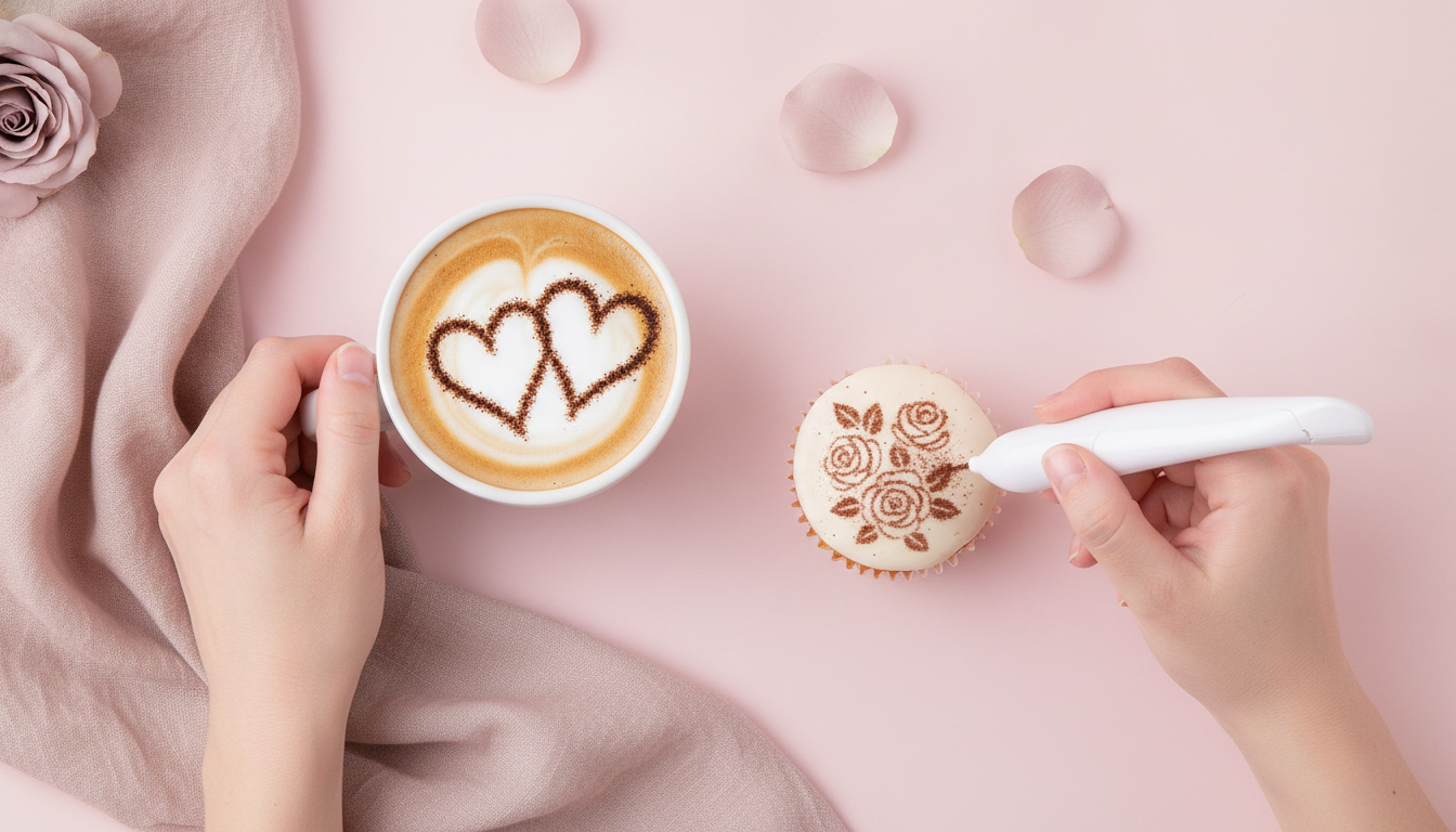 Two Electrical Latte Art Pens decorating coffee and cake, showcasing intricate designs on a blush pink surface with rose peta