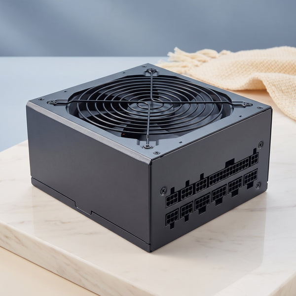 Close-up of a 1000W fully modular ATX power supply, featuring its sleek, precision CNC-machined aluminum casing against a sof