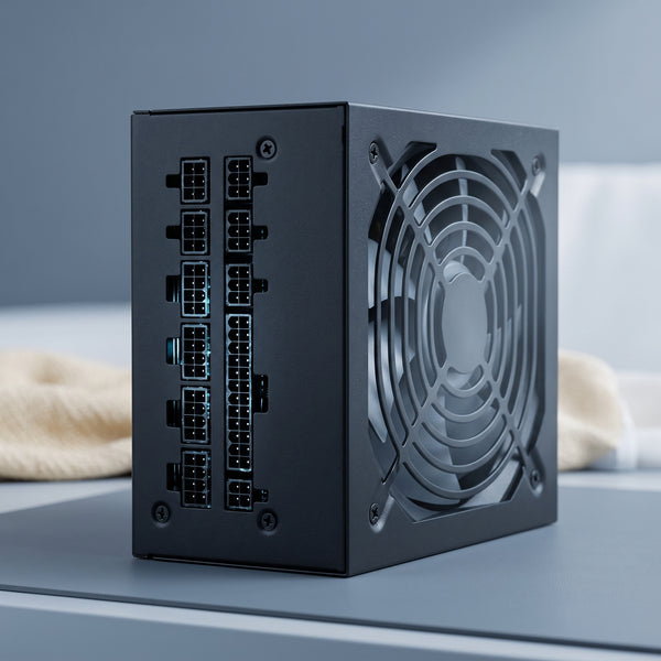 Close-up of a 1000W fully modular PC power supply, highlighting its internal cooling fan and sleek design on a minimalist bac