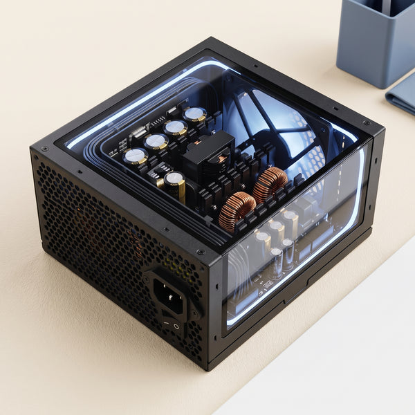 Close-up of a 1000W fully modular ATX PC power supply with a clean internal layout and visible cable management tracks throug